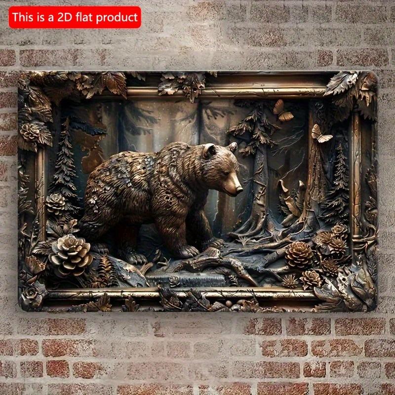 2D Flat Wooden Sign 30*20cm Rustic Bear Scene Wooden Wall Art, Vintage Wooden Decorative Sign for Home & Garden Decor, Farmhouse Wall, Animal-Themed