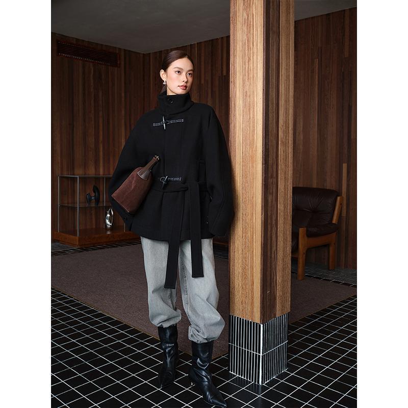 Угловая пряжка ленивый силуэт шерстяное пальто женское двустороннее