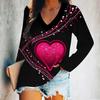 V-neck 3D Love Pattern Printed Top Fashionable Casual Long Sleeved Women's T-shirts