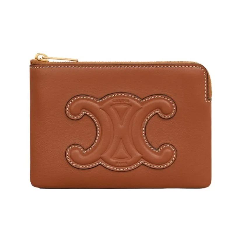 CELINE Celine Arc de Triomphe Large Logo Embossed Zipper Closure Smooth Leather Coin Purse Card Holder Wallet for Women Tan
