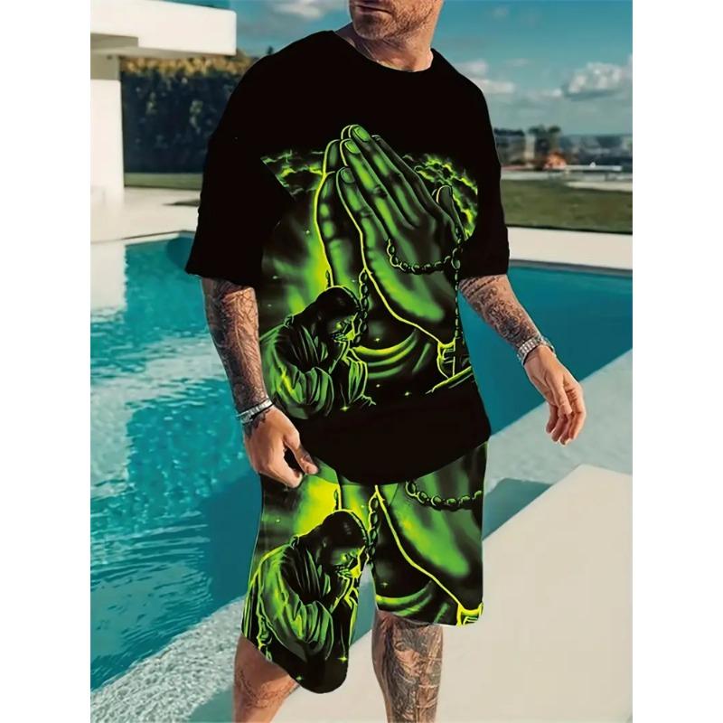 Модный новый мужской костюм больших размеров с принтом креста Иисуса, летний крутой дышащий короткий рукав, шорты на шнурке, одежда для веры