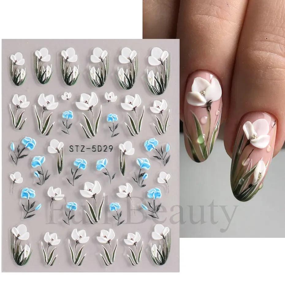 Xiaomi 5D Simple Flowers Nail Embossed Stickers Elegant Wedding Design Adhesive Sliders Floral Textured Engraved Decoration Supplies