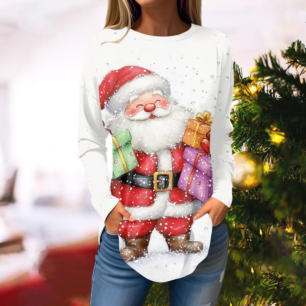 Женская свободная футболка с круглым вырезом и рождественским принтом, длинный рукав, топы, пуловер