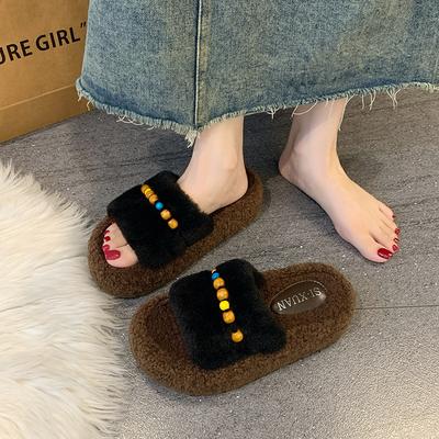 Инс пушистые тапочки женские носят интернет-знаменитости осень и зима 2025 милый жемчужный кролик плюшевые домашние на одном слове хлопковые тапки прилив