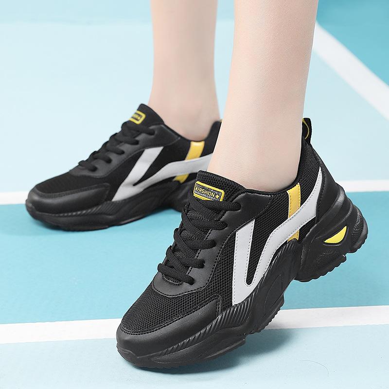 Полностью черные кроссовки на платформе в стиле 'dad shoes', дышащая сетка, спортивные повседневные туфли, легкая мягкая подошва, нескользящие, удобные туфли