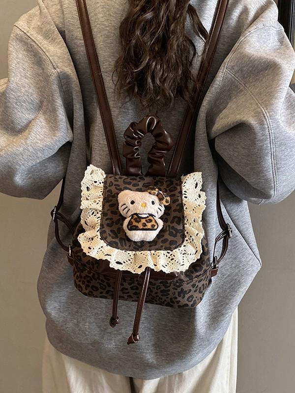 Korean Ruffle Lace Retro Leopard Print Girls' Kitten Backpack - Cute and Versatile Cartoon-Style Design