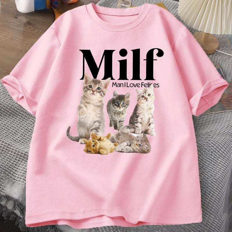 MILF Унисекс Я Люблю Кошек Коттеджкор Кошки Футболка для Унисекс Женщин Любителя Кошек Футболка с Котенком Уличная Одежда Свободного Кроя