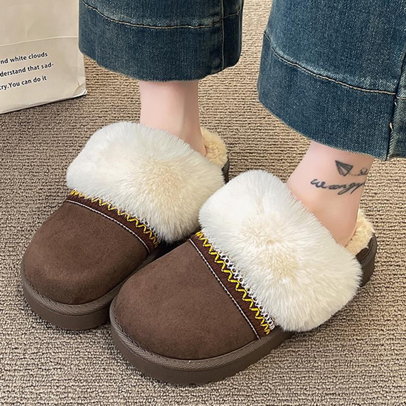 Fashion 2025 Winter Warm Fluffy Platform Slippers for Women Fashion Striped Faux Fur Home Shoes Woman Thick Sole Non Slip Plush Slippers