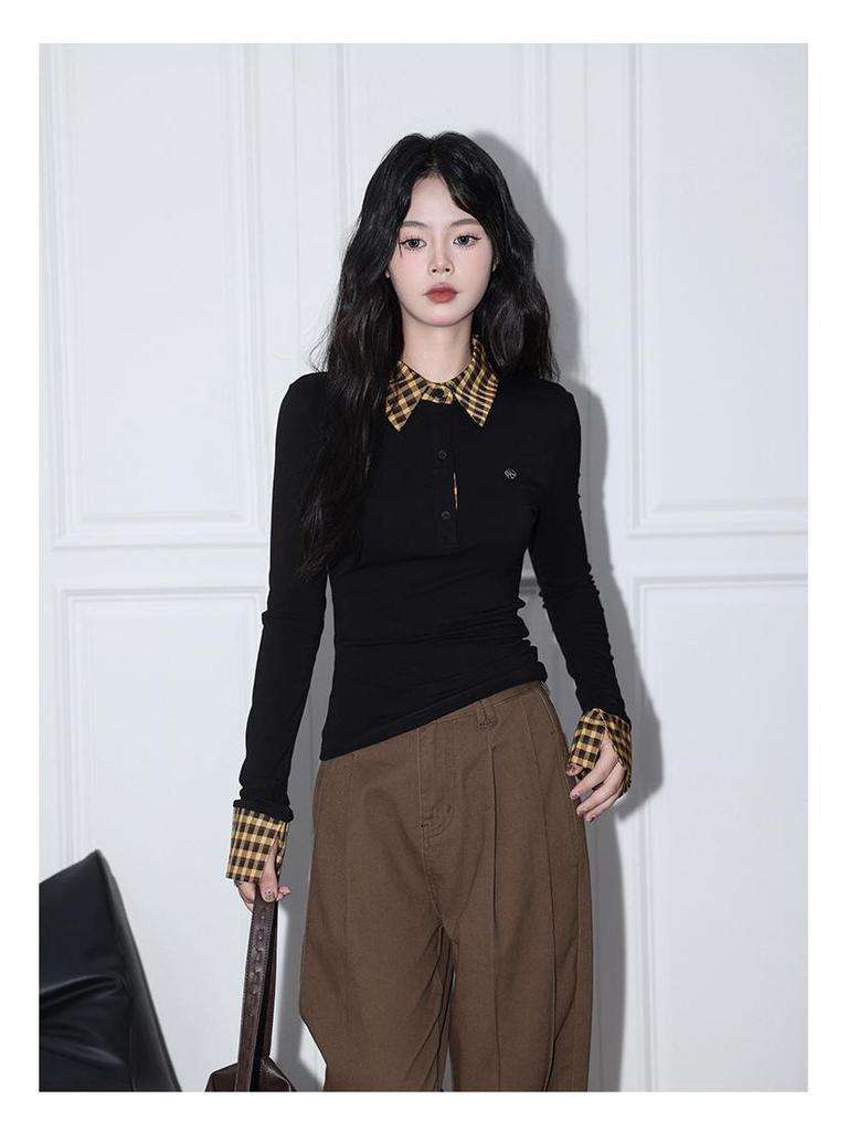 Женский осенний приталенный топ в клетку, имитация двойки, с длинным рукавом и воротником поло