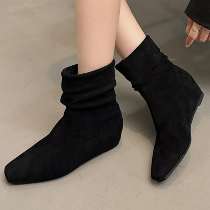 Ботильоны на плоской подошве из замши, теплые женские туфли, зимние брендовые повседневные туфли с квадратным носком, челси 2025 года, трендовые зимние ботинки на низком каблуке Mujer Zapatos