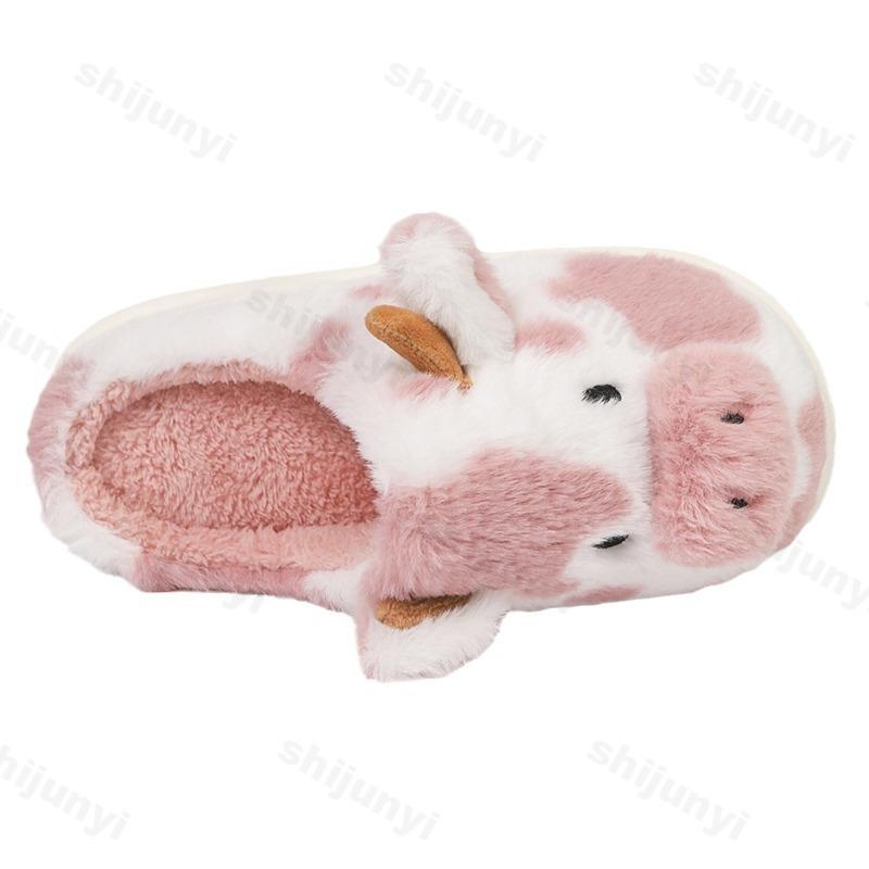 Fashion Women's Plush Slippers Winter Warm Cartoon Cow Slippers Closed Toe Non Slip Furry House Shoes Women Indoor Bedroom Slippers