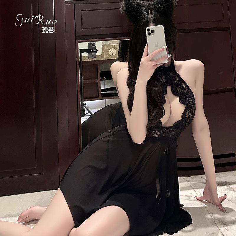 Women's Plus Size Lace Sheer Lace Up Backless Cami Sleep Dress Costume Set