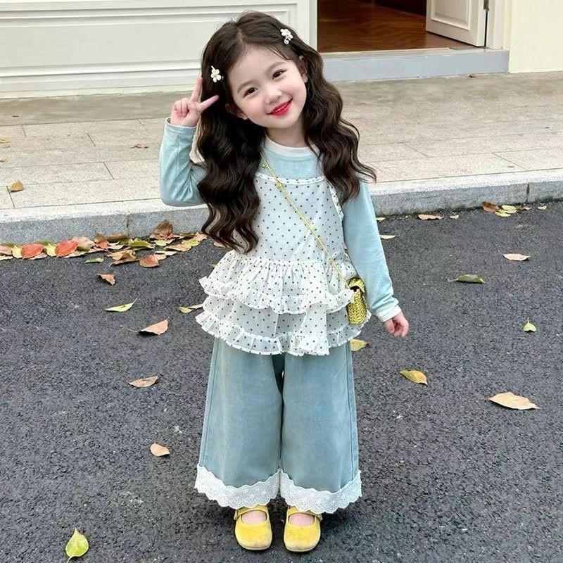 Girls Outfit Polka Dot Ruffle Strap Wide Leg Pants 3-Piece Set Korean Fashion Kids Clothing