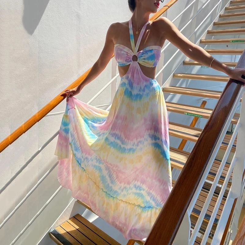 1011 Summer New European and American Women's Clothing Suspender Two-Tone Dress Bohemian Dress Printed Sleeveless Long Dress