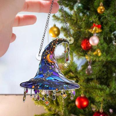 Ловец солнца "Шляпа ведьмы" 2D акриловый Хэллоуинская декорация в стиле витража Подвесное украшение "Шляпа ведьмы" для окна стены двери