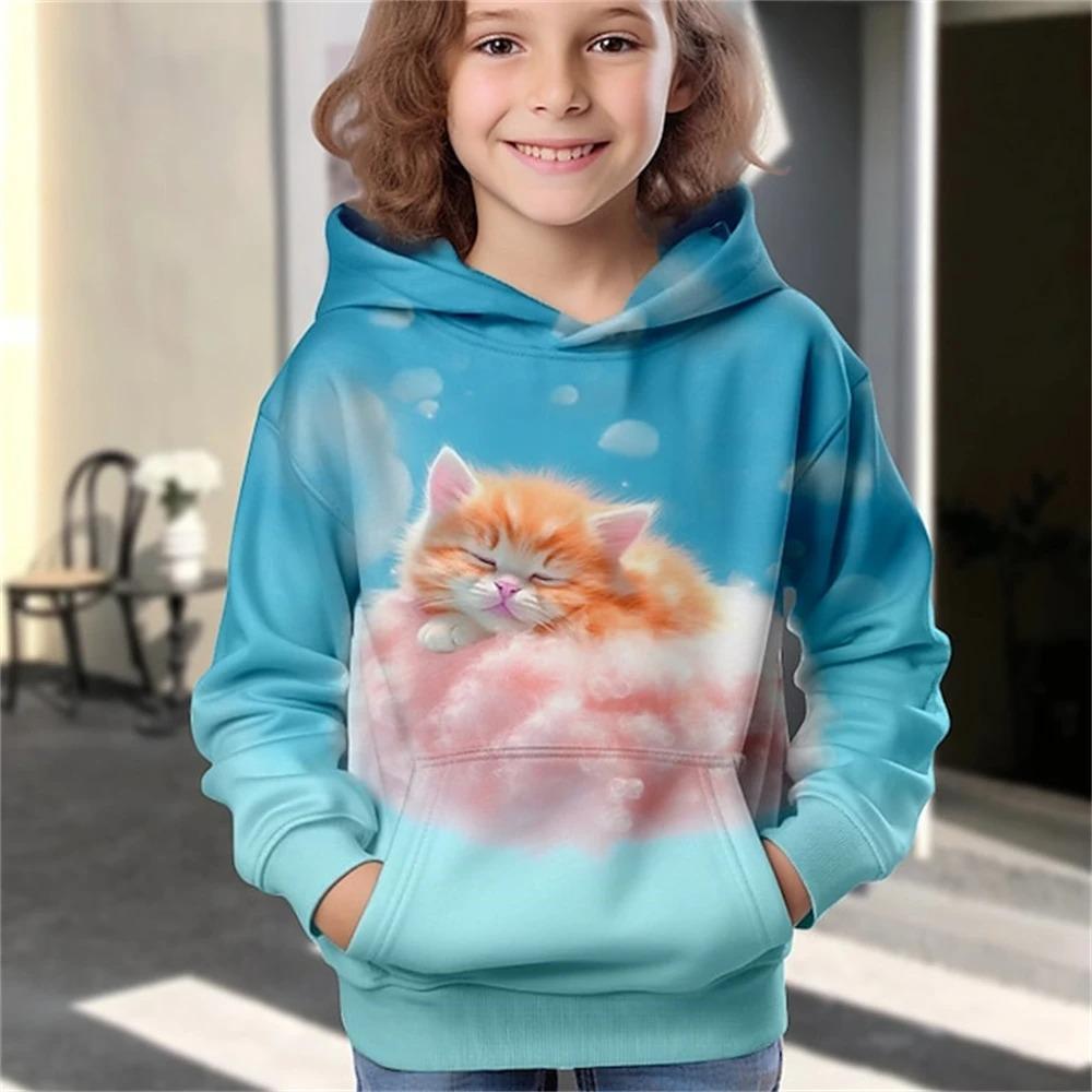 Children's Kawaii Fashion Streetwear Boys Girls Sweatshirts Hoodie Kids Cat 3D Print Hooded Pullover Comfortable Tops Clothing