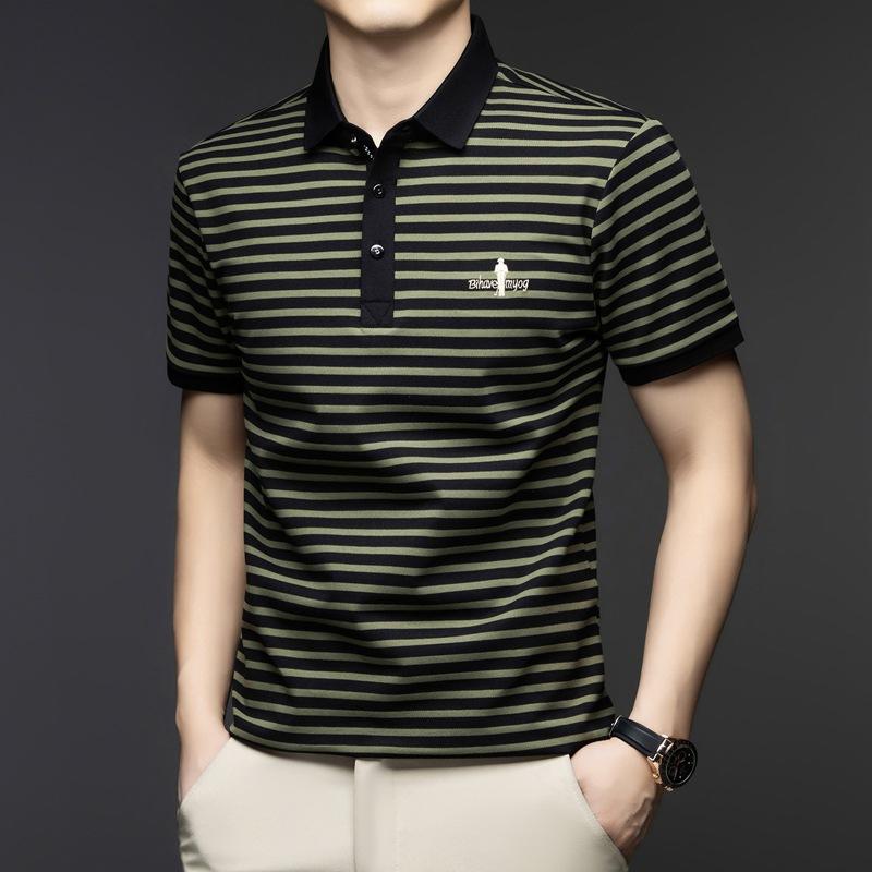 Легкая повседневная мужская вышитая полосатая футболка-поло с коротким рукавом и лацканами, повседневная дышащая футболка