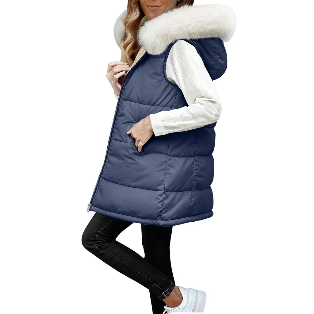 Women's Long Vest Plain Sleeveless Hood Winter Vest Outwear Jacket Lightweight Warm Coat Outerwear