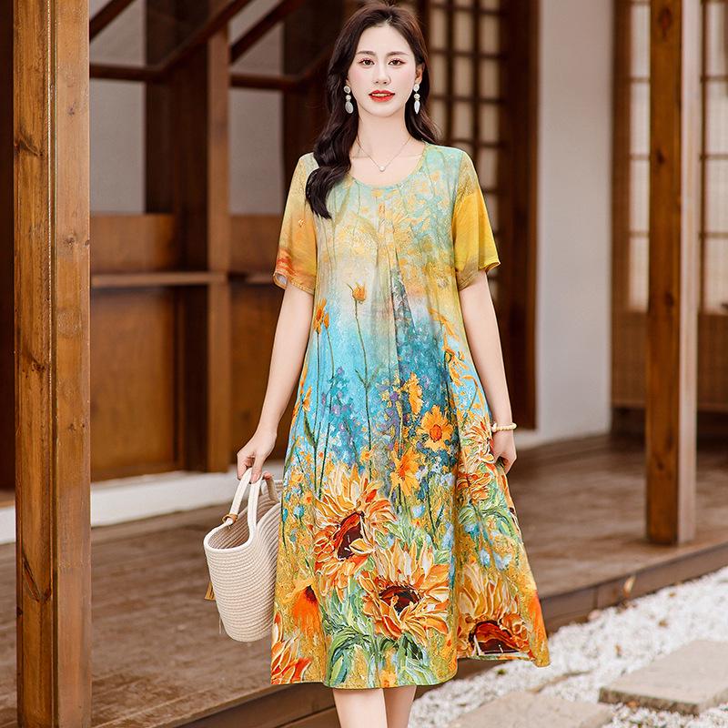 Летнее этническое миди-платье с цветочным принтом из хлопка и шелка – с коротким рукавом, свободного кроя, стройнящая накидка для мам