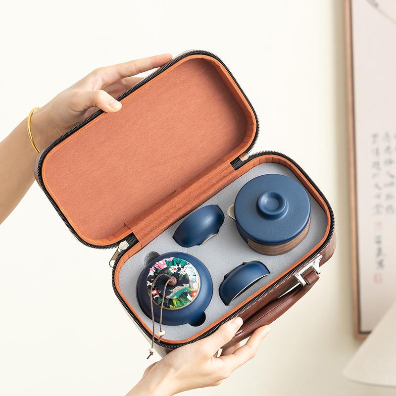 Travel Kung Fu Tea Set Portable Tea Set Kuaike Cup Small Set Beam Pot Business Gift Box Print