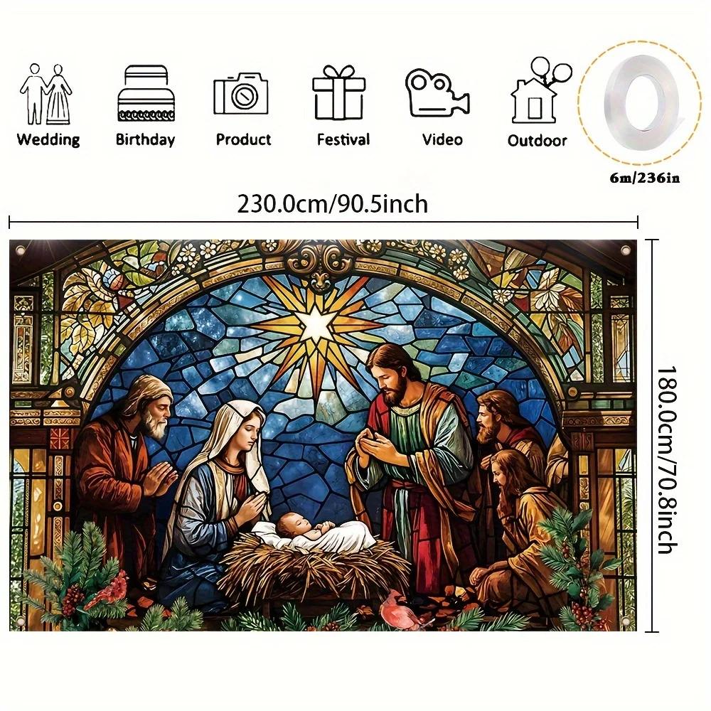Easter and Christmas background banners, polyester, Nativity stained glass pattern decoration, suitable for party decoration