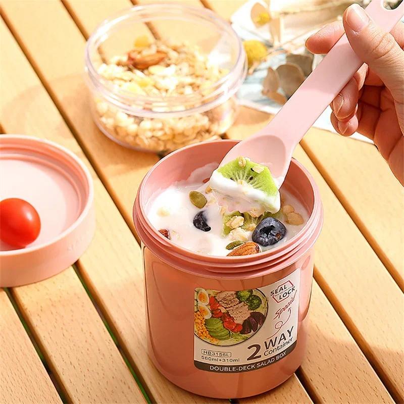 Portable Overnight Cup Salad Cups Container with Lid and Fork Breakfast Oatmeal Nut Yogurt Cup School Lunch Box Food Storage