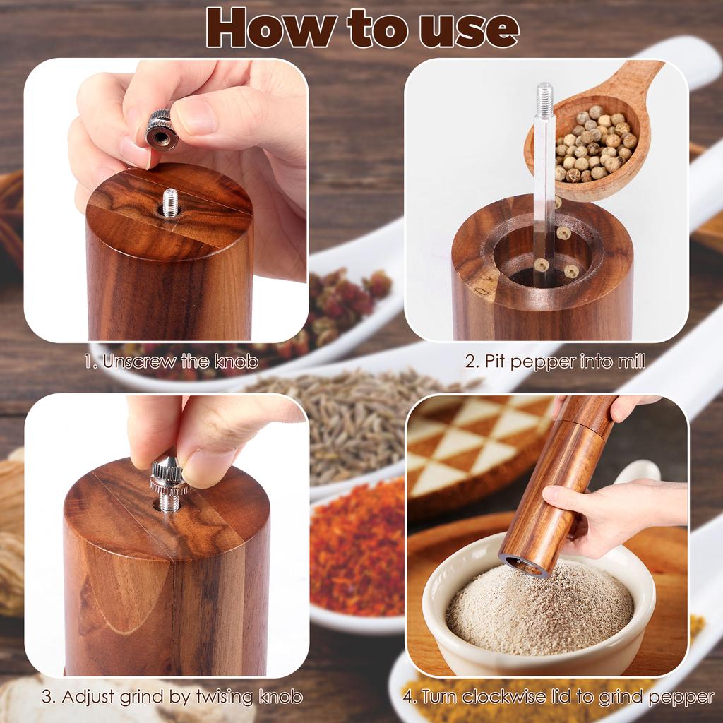 2Pcs Wooden Salt Mill Shaker Ergonomic Adjustable Coarseness Manual Pepper Grinder for Peppercorn Chili Flake Dried Herb