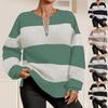 Autumn Winter Fashion Casual V-Neck Zipper Striped Long Sleeved Women's Loose T-shirt Pullover Top