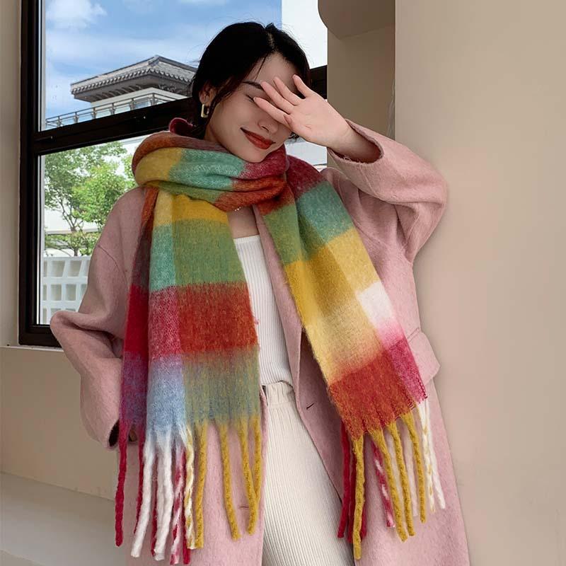 Winter New Scarf Women's Winter Thickened Warm Scarf Colored Plaid Fringed Scarf Shawl Fashionable Outer Cover