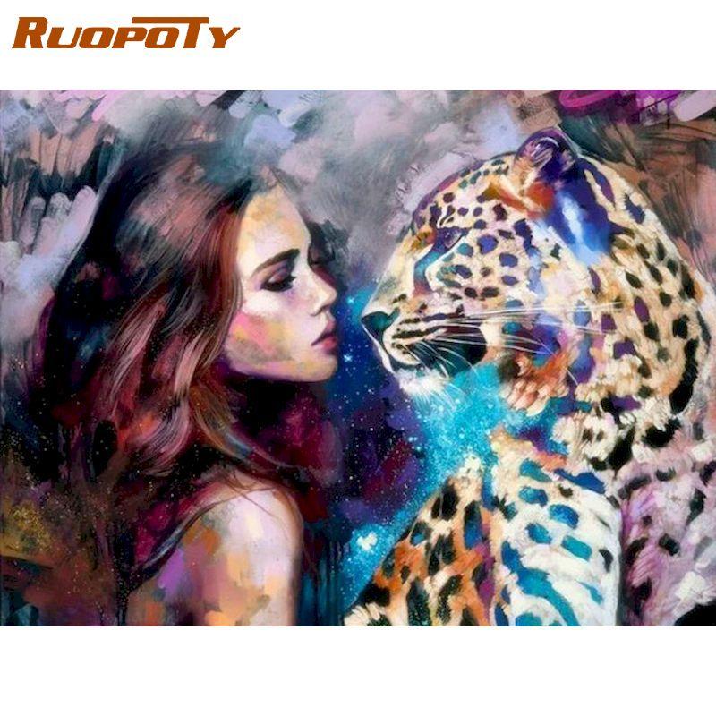 RUOPOTY Девушка и красочная фигурка льва, наборы для рисования по номерам, в рамке 60x75 см, DIY масляные краски, раскраска на холсте, домашний декор, искусство