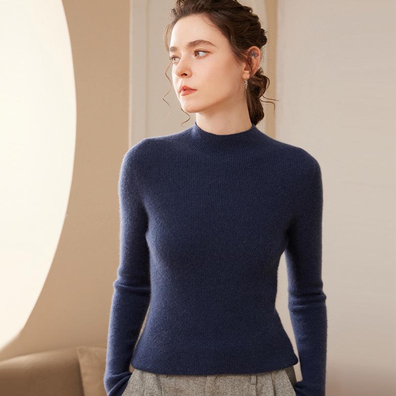 Women's High-Quality Cashmere Knit Base Layer Top - Long Sleeve, Tight-Fit, Warm & Soft Sweater for Autumn/Winter