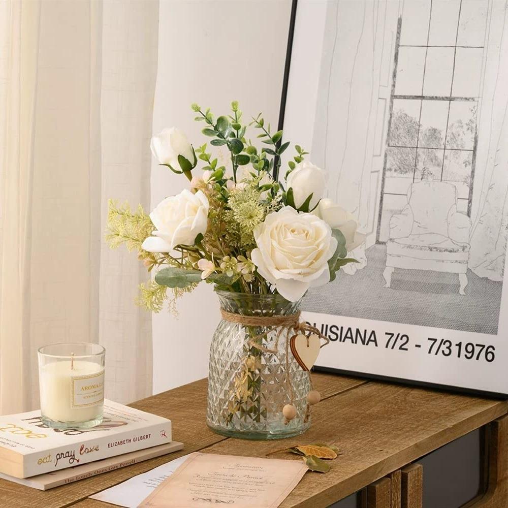 Artificial Rose Flowers White Fake Roses Bouquet Faux Flower Arrangement for Wedding Bride Bouquets Home Kitchen Garden Decoration