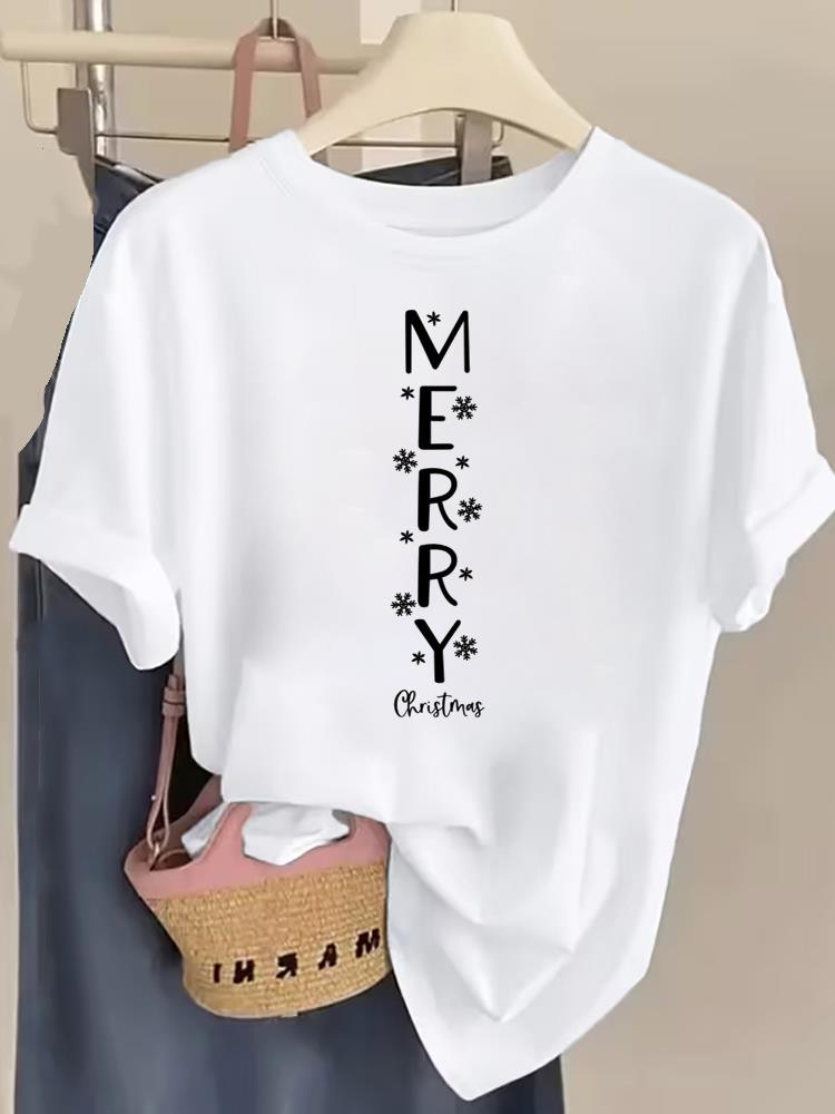 (Asian Size) letter cute Women Fashion Festival New Year T Shirt Christmas Clothing Tee Top Print Woman Short Sleeve Graphic T-shirts