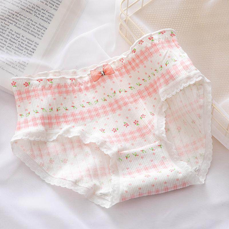 Bow Lace Border Floral Underwear for Women Pure Cotton Waist Bag Buttocks Girls Triangle Pants 6 Random Colors