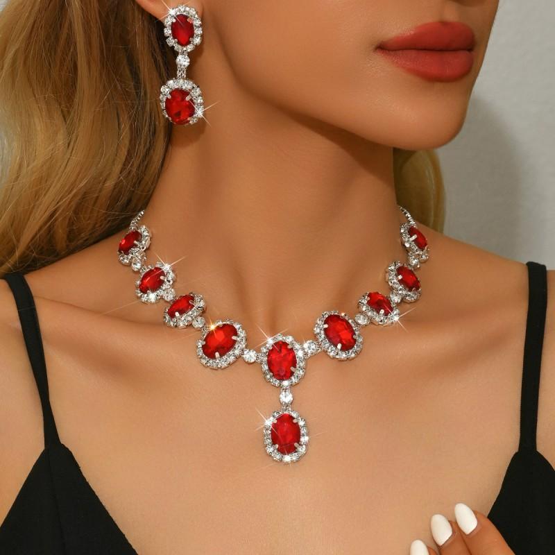Sparkling Water Drop Rhinestone Necklace Earring Set Women Fashion Statement Jewelry Wedding Party Accessory