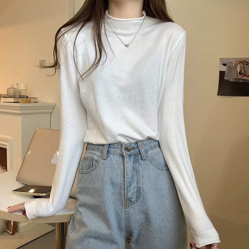 Semi-turtleneck Bottoming Shirt Women's Black Slim-fitting Sweater Inside White Thin Knitted Sweater Autumn and Winter Top