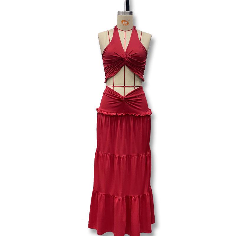 European & American Style Women's V-Neck Halter Camisole and Ruffle Skirt Set
