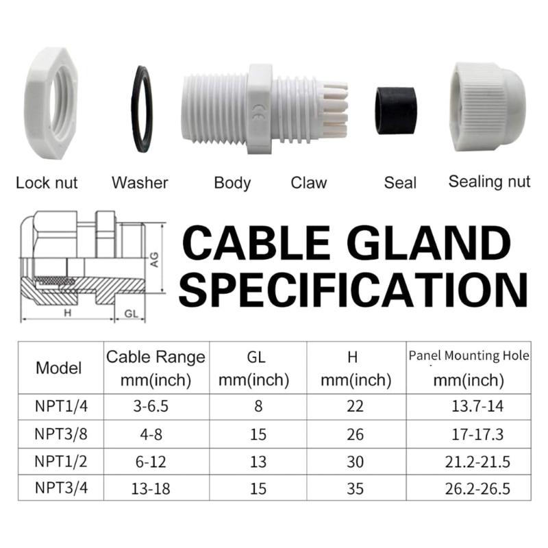 38 Pcs Outdoor Cable Gland Joints Waterproof Cable Connector Plastic Cable Grommets NPT Type Cable Fitting Easy Install