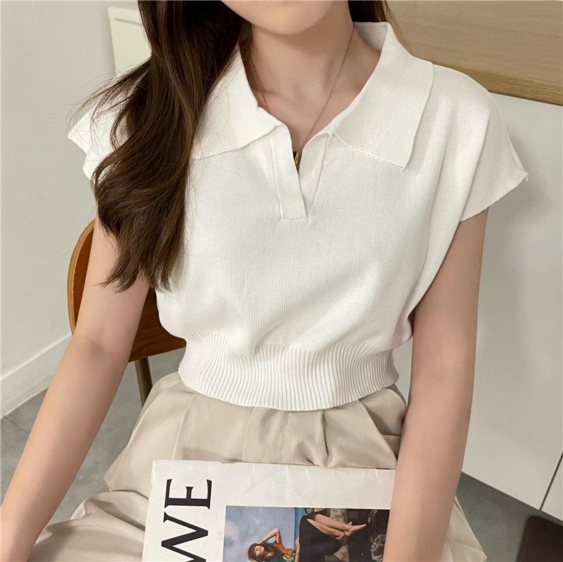 Женский тонкий трикотажный свитер-поло с короткими рукавами - лето 2022 г. в корейском стиле