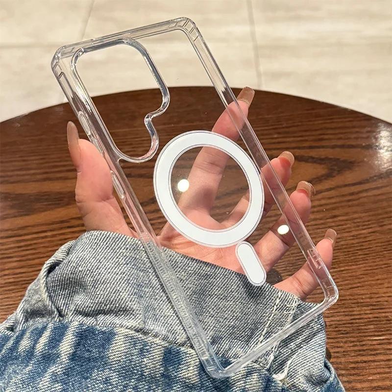 Магнитный чехол Magsafe для телефона Samsung Galaxy S25 Edge S23 S24 Ultra S22 S21 FE A16 A15 A35 A55 Прозрачный акриловый тонкий чехол