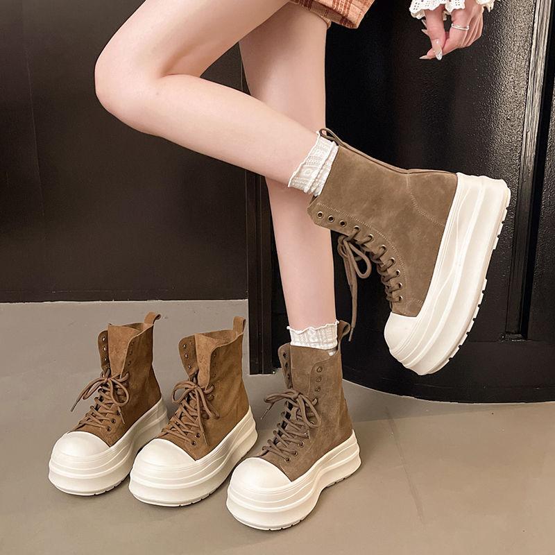 Retro Lapel Lace-up Muffin Platform High-top Shoes Women's Martin Boots New Small Height-increasing Casual Shoes