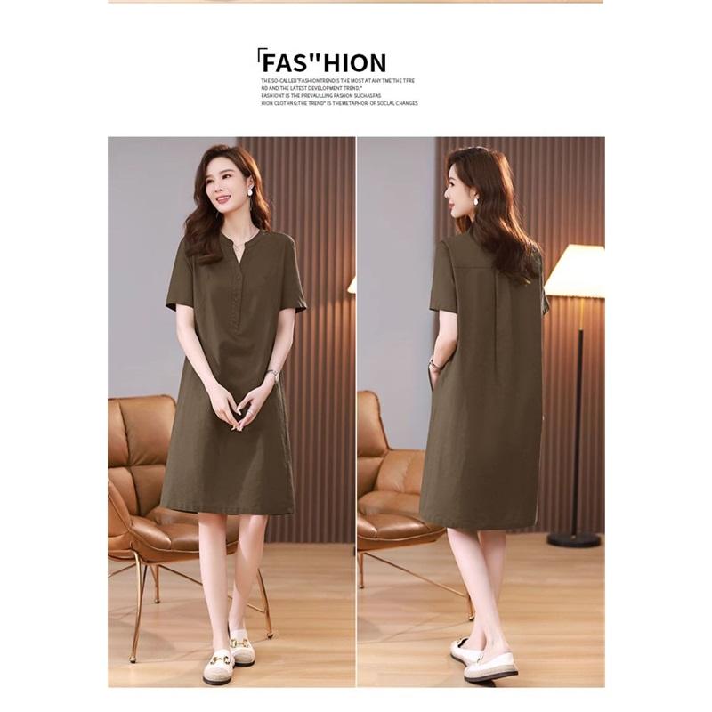 Women Summer Linen Cotton Dress V Neck Half Button Short Sleeve Midi Dress Loose Plus Size Elegant Mother Dress Casual Pocket Dresses
