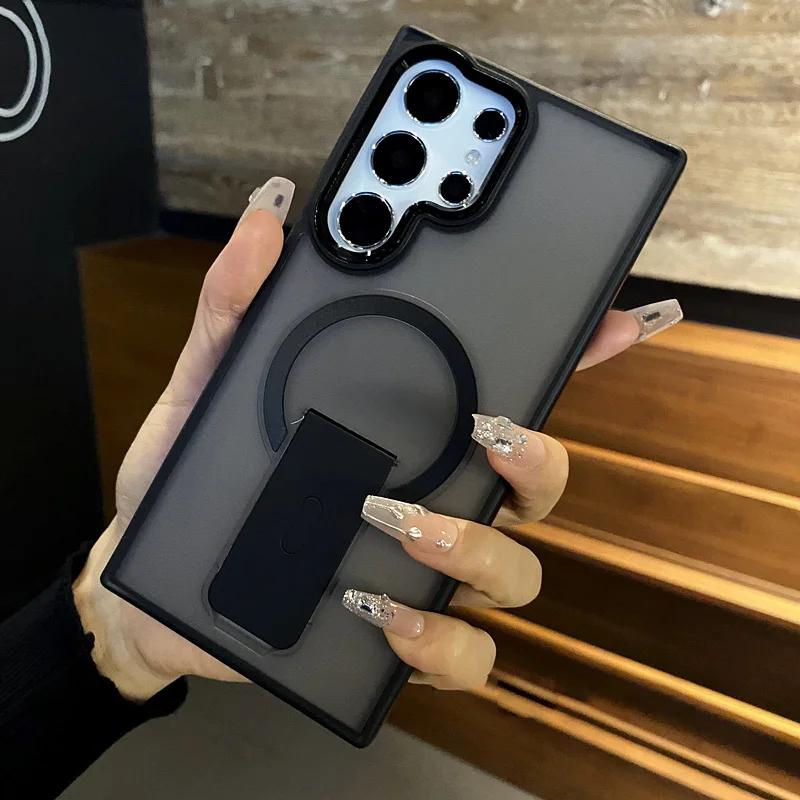 Складная подставка-кронштейн Магнитный чехол для беспроводной зарядки для Samsung S23 S24 S25 S26 Ultra Plus Матовый полупрозрачный Ударопрочный бампер