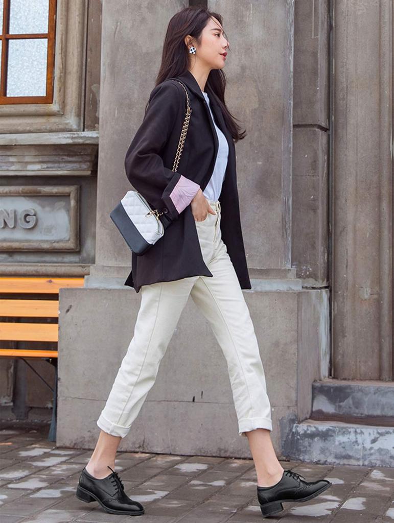 Оригинальные Толстые Оксфорды [ZUYEE] Женские Туфли на Шнуровке, Кожа, Броги, Каблук, Обувь, Для Поездок на Работу, Черный, 23.0 см