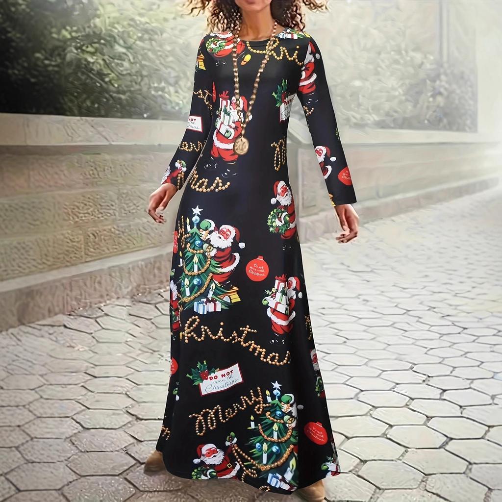LYRIA Christmas Theme Long Sleeve Round Neck Dress Elegant Commute Style Polyester Fabric Printed Pattern Color Block Autumn Winter