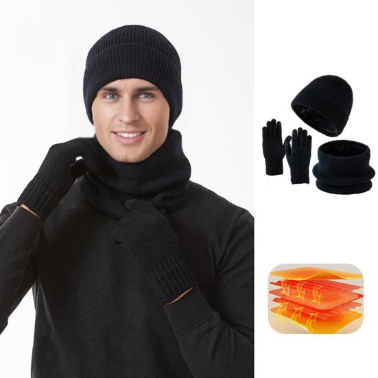 Yousheng 3Pcs/Set Winter Hat Scarf Gloves Set Solid Color Windproof Brimless Hat Neck Warmer Touch Screen Gloves Set