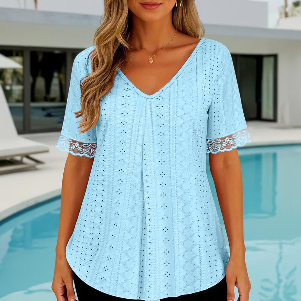 Женская однотонная футболка с V-образным вырезом, свободного кроя, с короткими рукавами и плиссировкой