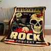 A rock concert poster with bold skull, flames, and musical motifs. for all seasons blanket lunch break throw gift