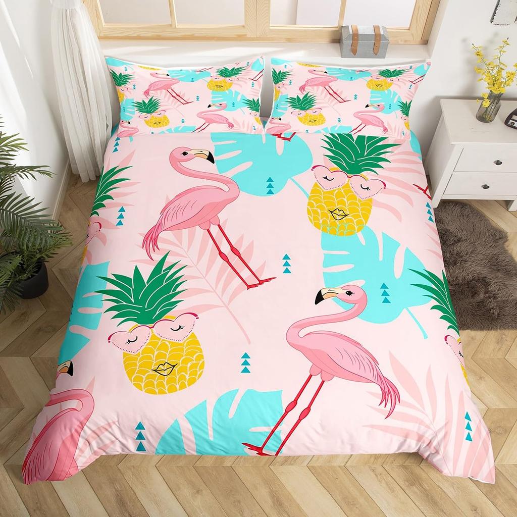 Chic Flamingo Duvet Cover Queen Beach Theme Tropical Animal Bedding Set, Coastal Sunset Comforter Cover Cute Wildlife Bed Set