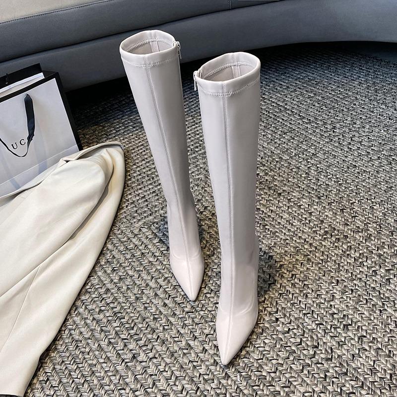 Black Winter Knee High Shaft Heels Pointed Toe Women's Boots Leather Footwear Elegant Heeled Shoes for Woman Long Spring  Pu